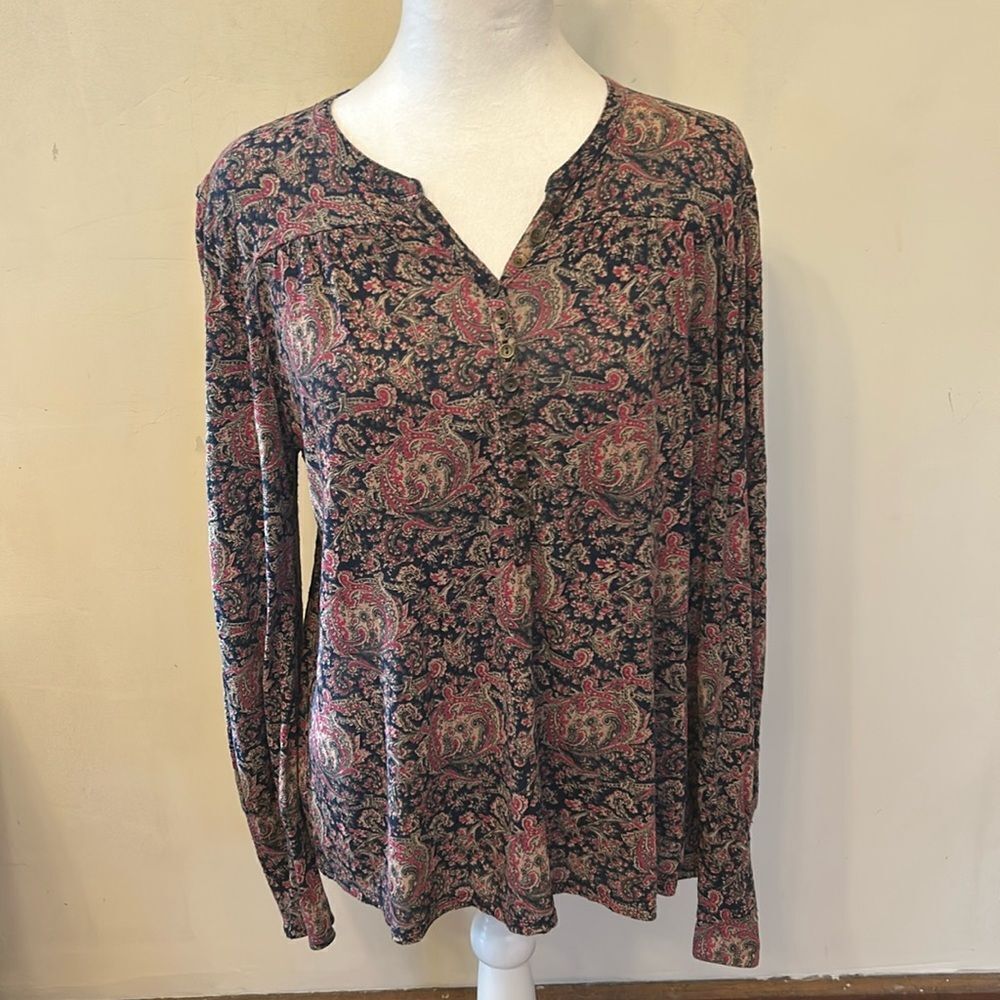 Lucky Brand navy burgundy paisley long sleeve blouse Size M EUC